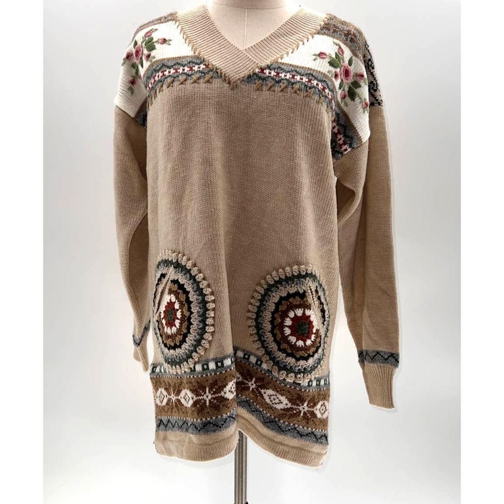 Vintage Dana Scott Beige Crotchet Tribal Print V-Neck Sweater- M